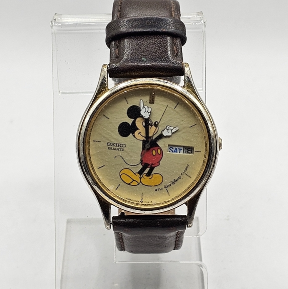1990's Men's Seiko Mickey Mouse Gold Wristwatch SV23-7079 Day/Date Untested - Picture 2 of 8